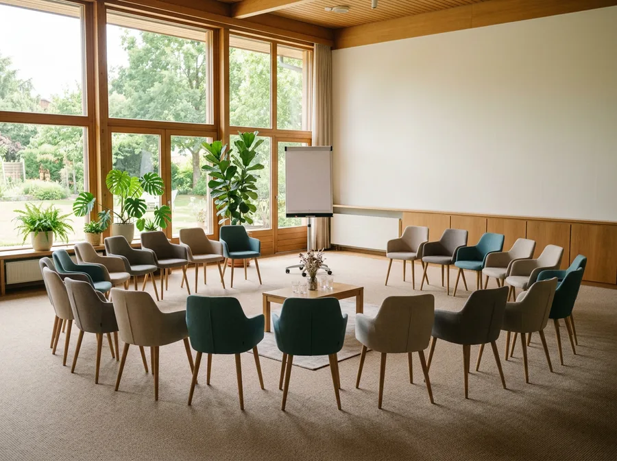 Зал для групповых занятий: стулья по кругу и флипчарт